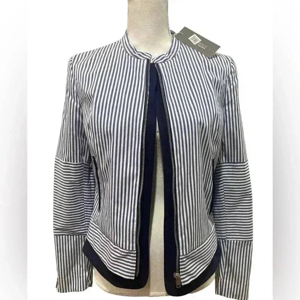 NWT Nordstrom Signature Navy Stripped Bomber Jacket Sz S